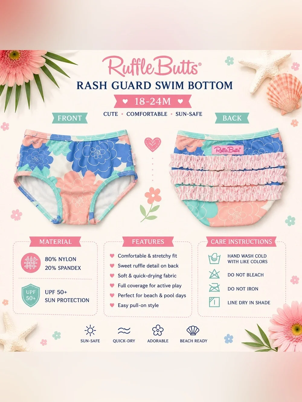 RuffleButts 18-24M UPF 50+ Floral Rash Guard Swimsuit Set 2Pc